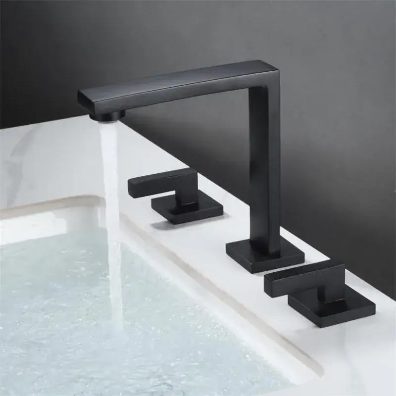 Modern black matte basin faucet with three square handles and angular spout for decorbites brushed gold bathroom sink fixture