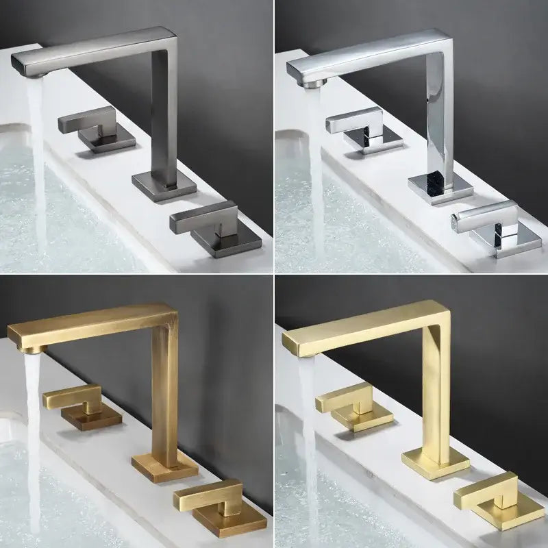 Modern brushed gold basin faucet with rectangular waterfall spout and square base handles in brushed nickel chrome brass finishes
