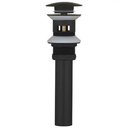 Black matte-finish bathroom sink drain with metallic accents paired with modern brushed gold basin faucet decorbites brushed gold