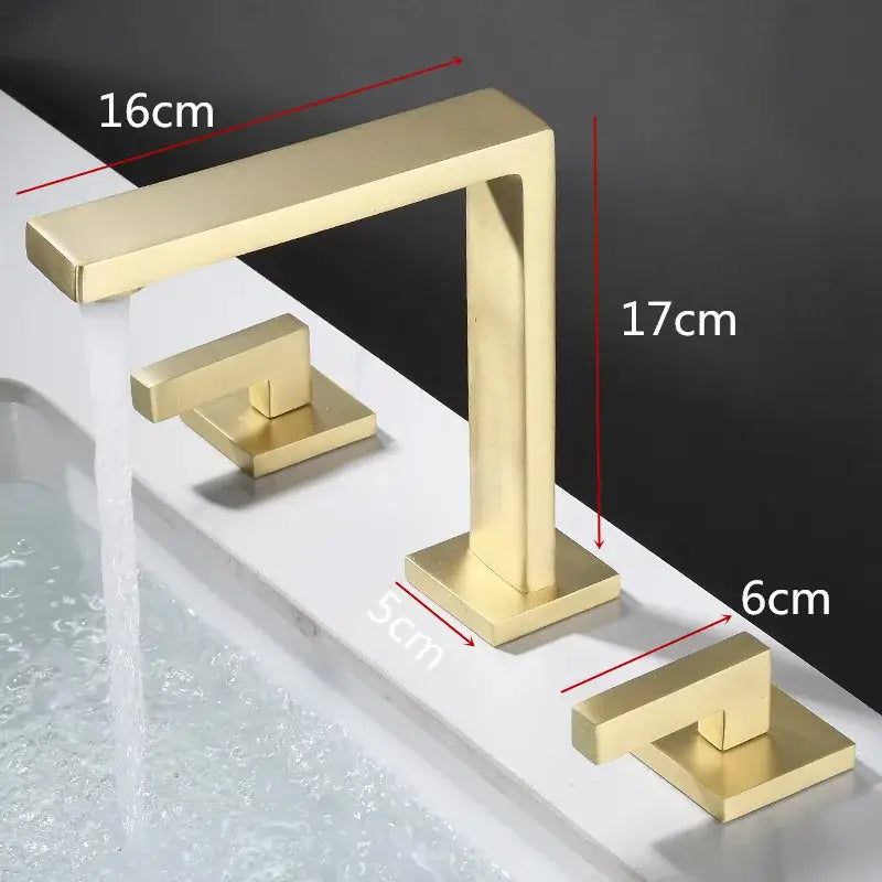 Modern brushed gold basin faucet with two handles and waterfall spout for bathroom sink decorbites brushed gold design