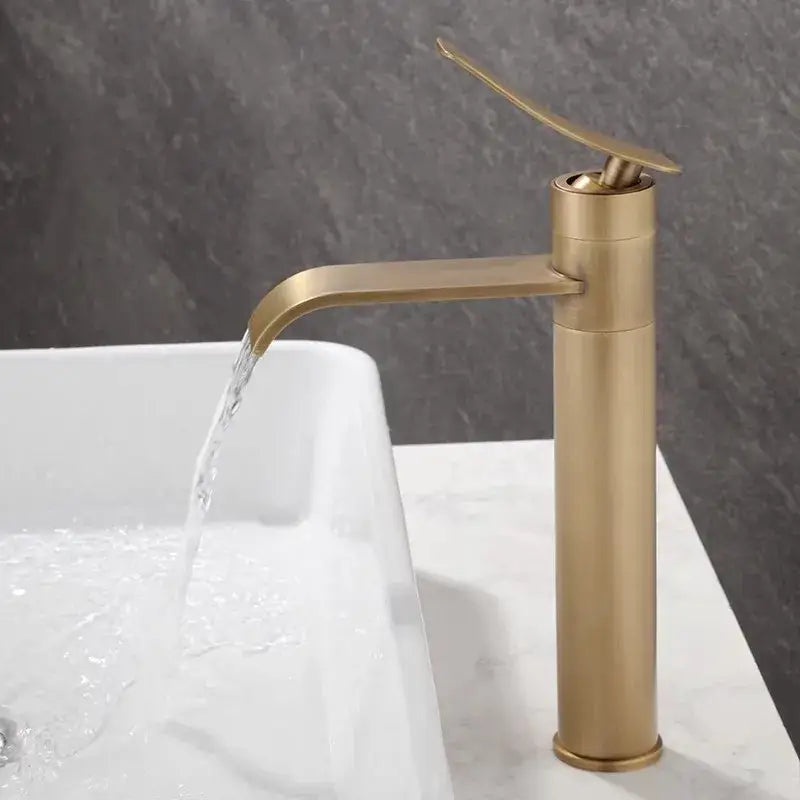 Modern brushed gold waterfall basin mixer with minimalist design for decorbites bronze bathroom sink use