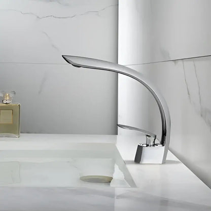 Modern chrome basin mixer tap with sleek curved spout and square base for stylish bathroom basin mixer use
