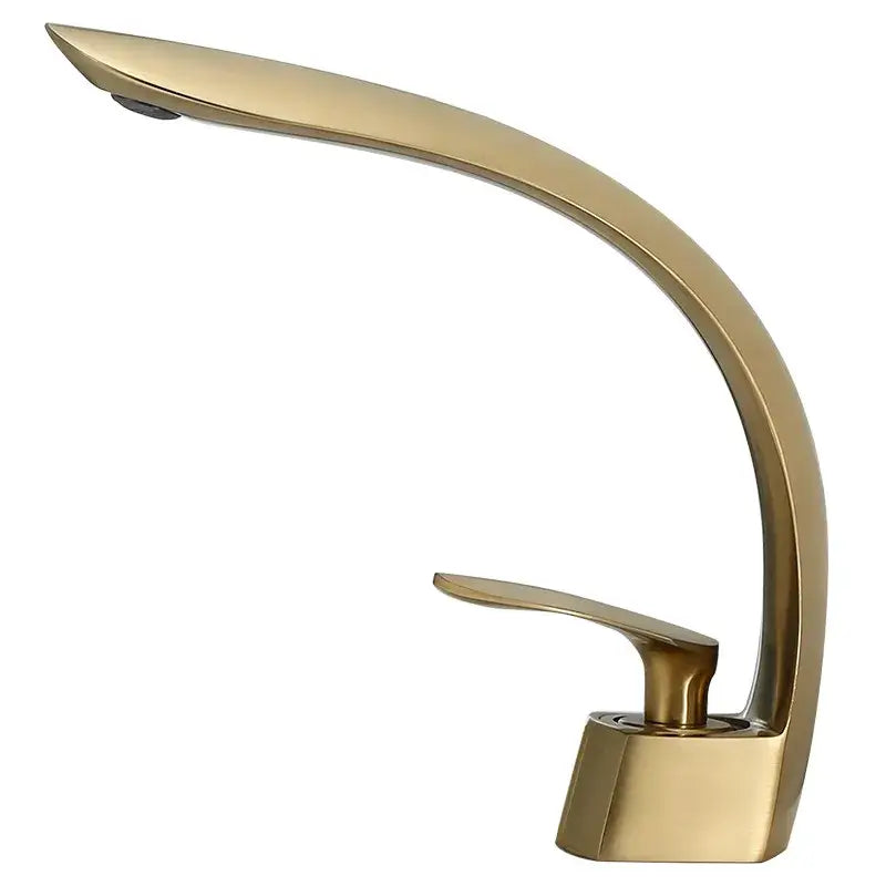 Modern brushed gold waterfall basin mixer tap with sleek curved design and polished metallic finish for bathrooms