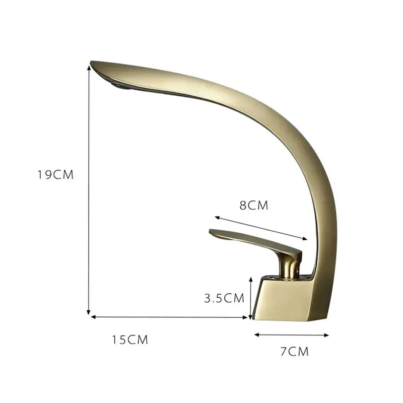 Modern brushed gold waterfall basin mixer tap with sleek curved design and minimalist aesthetic for bathroom use