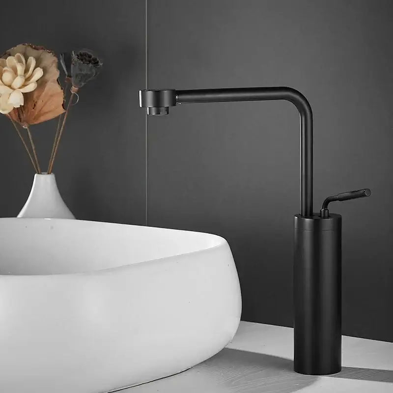 Modern black matte faucet with cylindrical base and curved spout ideal as decorbites brushed gold faucet swivel sink option