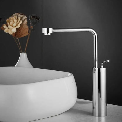 Modern chrome-finished waterfall faucet with sleek cylindrical base and curved spout for faucet swivel sink use