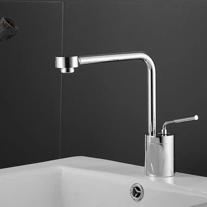 Modern chrome-finished kitchen faucet with sleek curved spout and cylindrical base for faucet swivel sink use