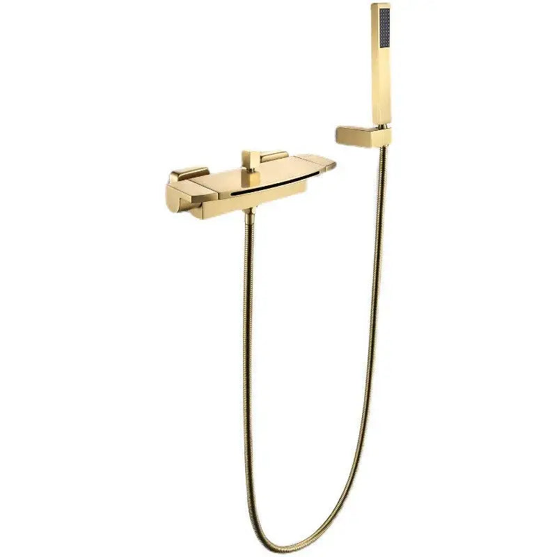 Modern brushed gold waterfall shower faucet set with sleek rectangular wall-mounted control and handheld shower faucet set