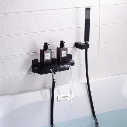 Black matte waterfall shower faucet set with integrated soap dispenser shelf and handheld spray head for modern bathrooms