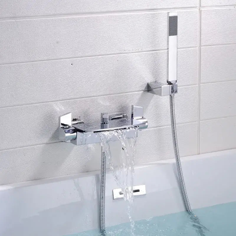 Modern brushed gold waterfall shower faucet set with chrome finished bathtub faucet and integrated handheld showerhead