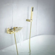 Modern brushed gold waterfall shower faucet set with gold-toned faucet and matching handheld showerhead for bathroom use