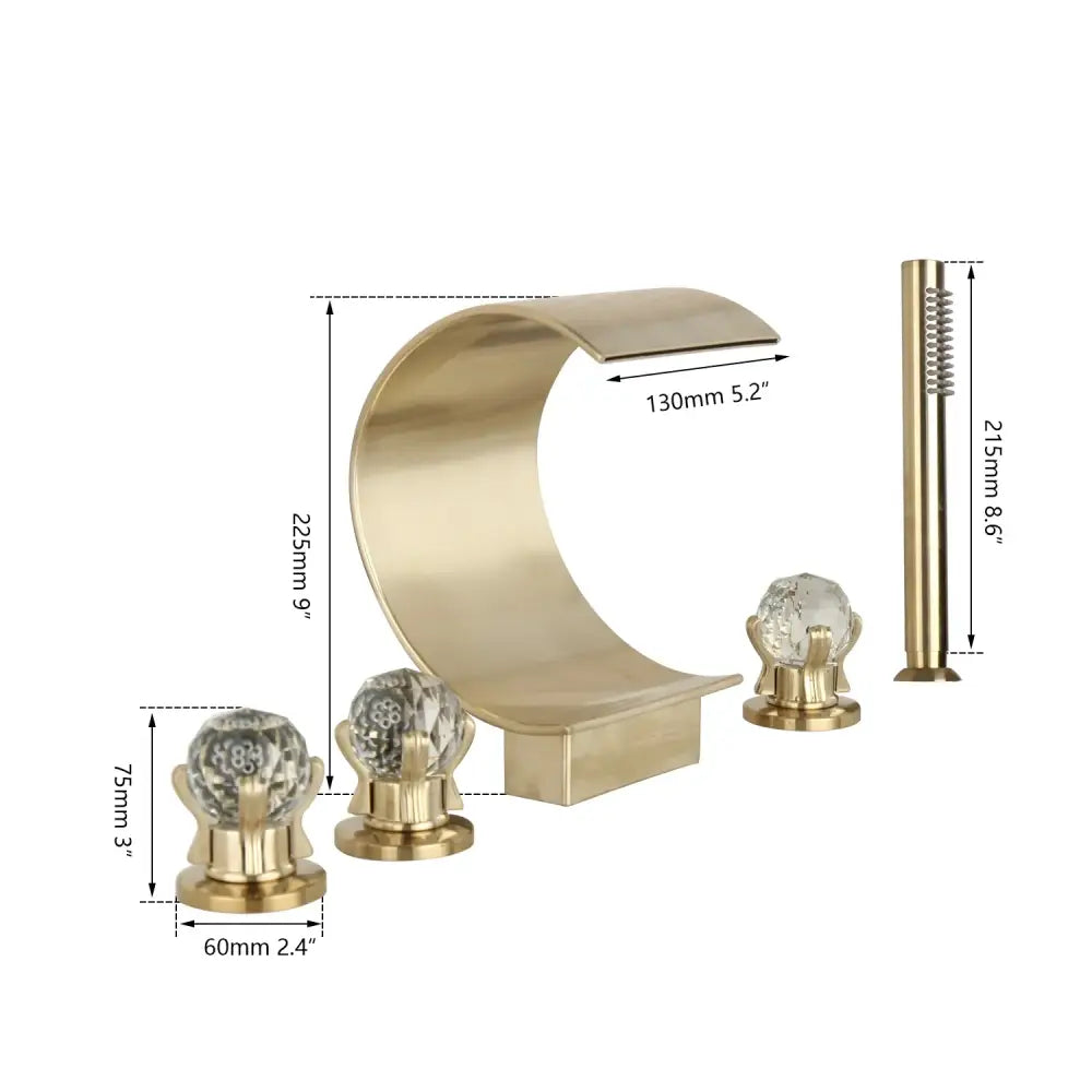 Modern brushed gold waterfall wall mounted shower faucet with single handle and crystal knob handles in sleek design