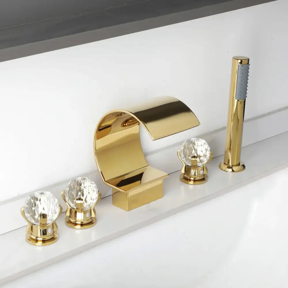 Modern brushed gold wall mounted waterfall shower faucet with single handle and crystal knob handheld showerhead