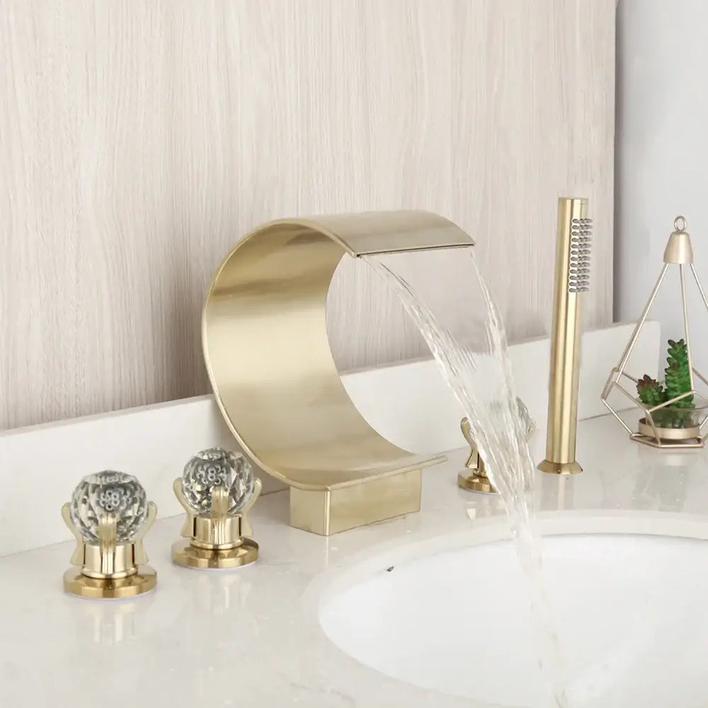 Modern brushed gold wall mounted waterfall shower faucet with single handle and crystal embellished design