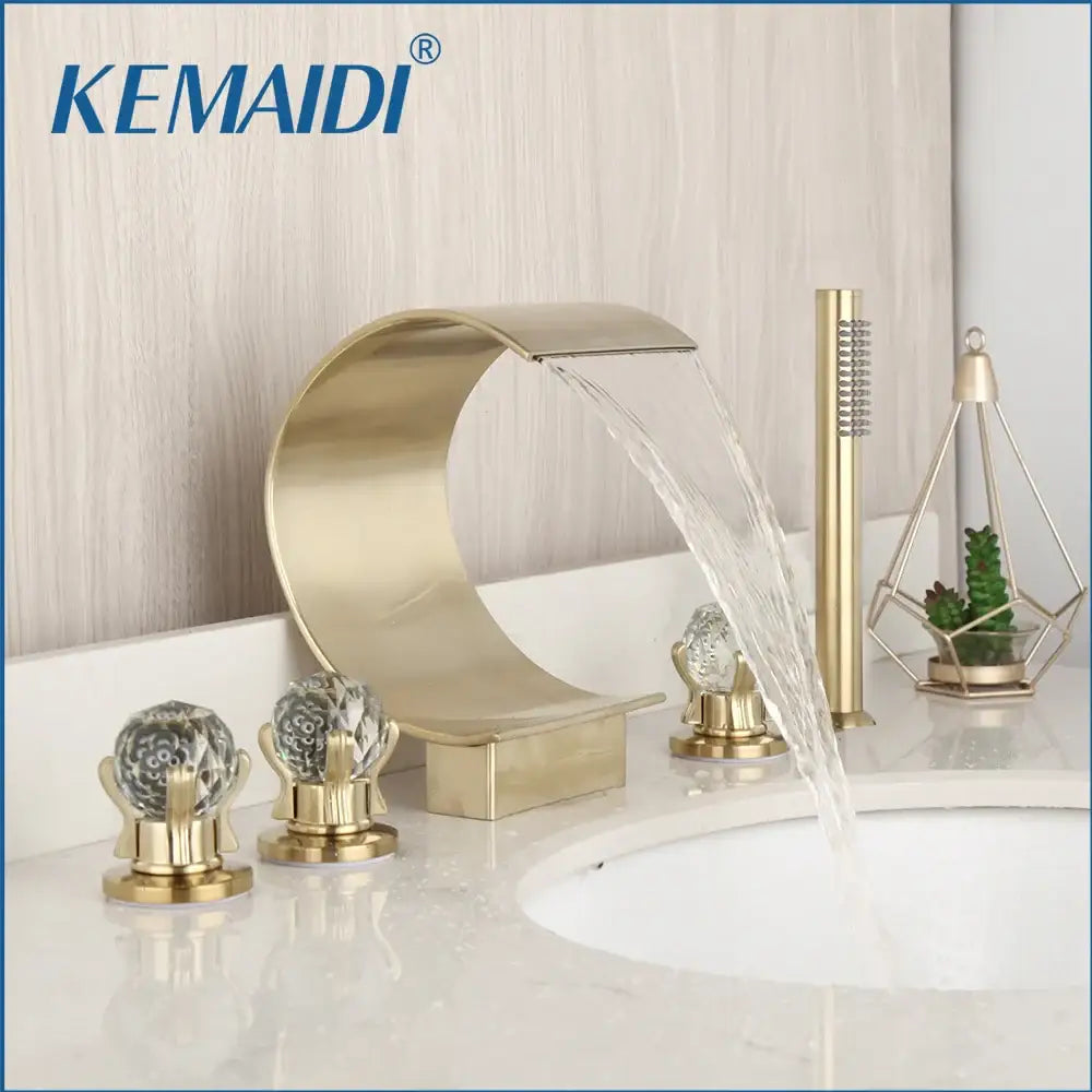 Modern brushed gold wall mounted waterfall shower faucet with single handle and crystal embellished handles