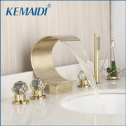 Modern brushed gold wall mounted waterfall shower faucet with single handle and crystal embellished handles