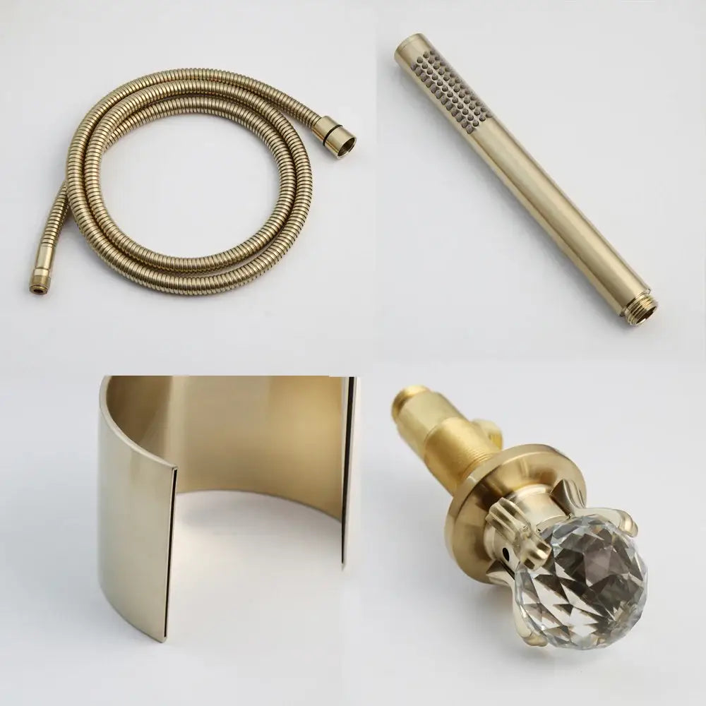 Modern brushed gold wall mounted shower faucet with single handle featuring a gold-toned showerhead and faceted knob