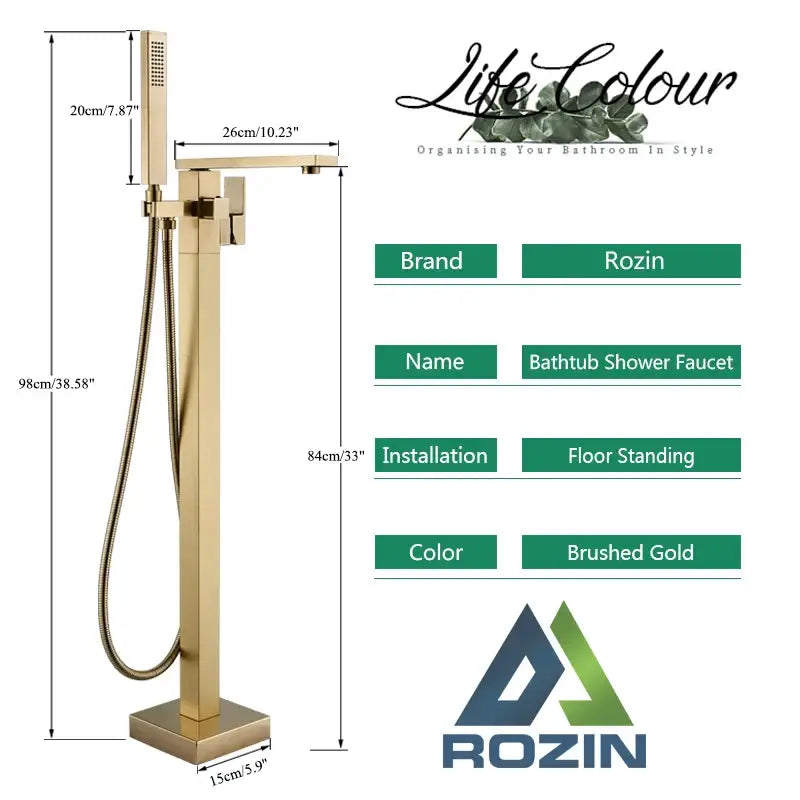 Modern brushed gold floor-standing tub faucet with waterfall design and integrated handheld shower for bathroom decorbites brushed gold