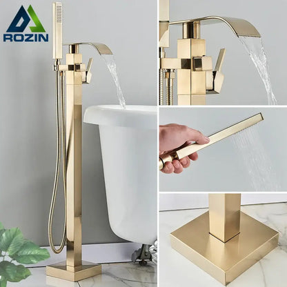 Modern brushed gold tub faucet with waterfall spout and handheld showerhead from decorbites brushed gold collection