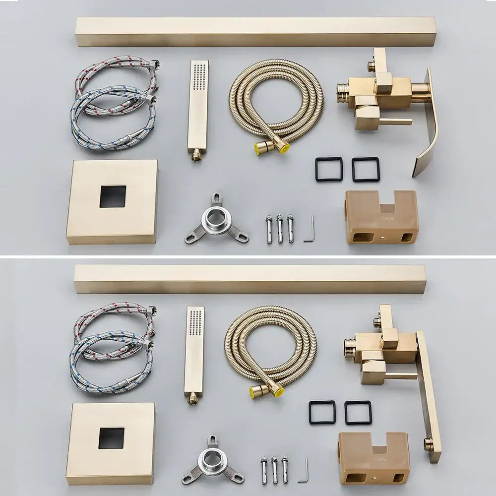 Modern brushed gold waterfall tub faucet set with matching showerhead flexible hoses and brushed gold tub finish decorbites