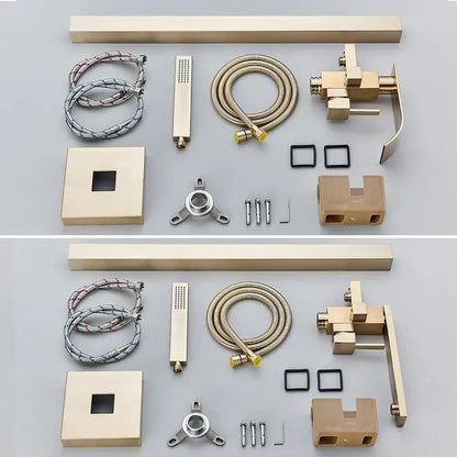 Modern brushed gold waterfall tub faucet set with matching showerhead flexible hoses and brushed gold tub finish decorbites