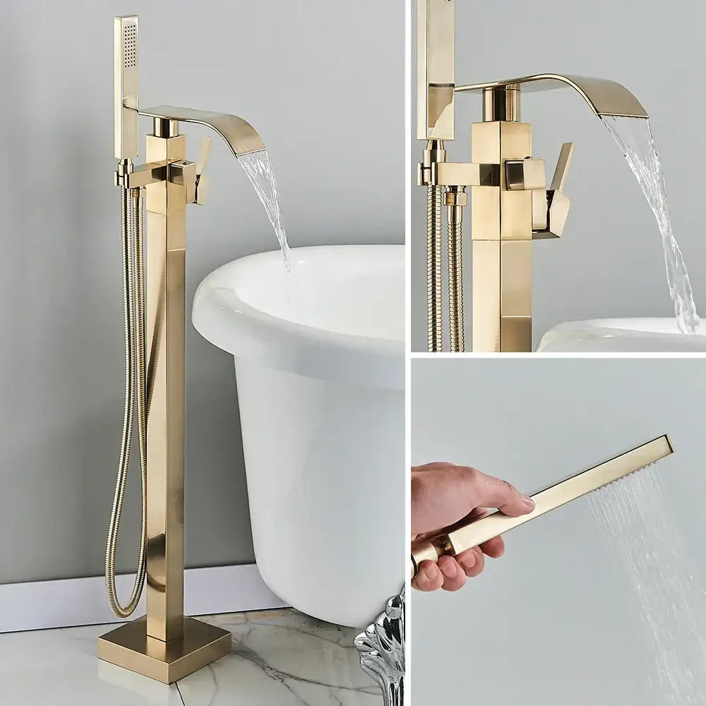 Modern brushed gold waterfall tub faucet with a sleek geometric design and integrated handheld showerhead by decorbites