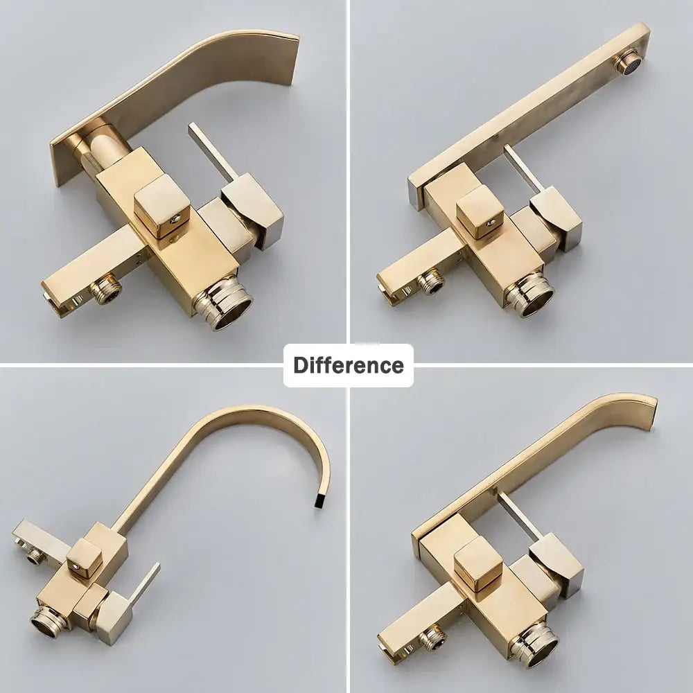 Modern brushed gold tub faucet with sleek angular design and curved spout for decorbites brushed gold bathroom
