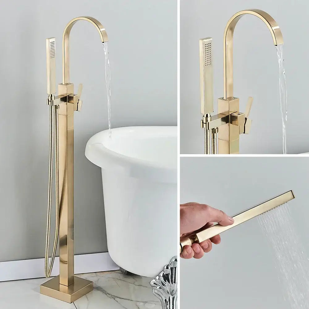 Modern brushed gold waterfall tub faucet with sleek design and integrated handheld showerhead for bathroom decorbites brushed gold