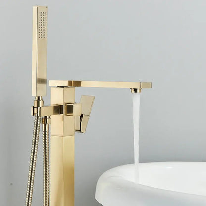 Modern brushed gold waterfall tub faucet with integrated handheld shower and flexible hose in brushed gold decorbites style