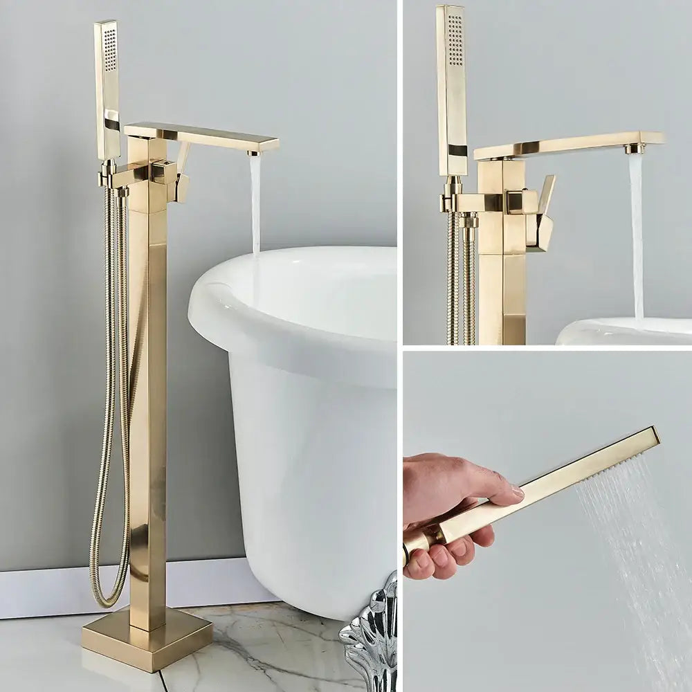 Modern brushed gold tub faucet with tall rectangular design and attached handheld shower from decorbites brushed gold collection