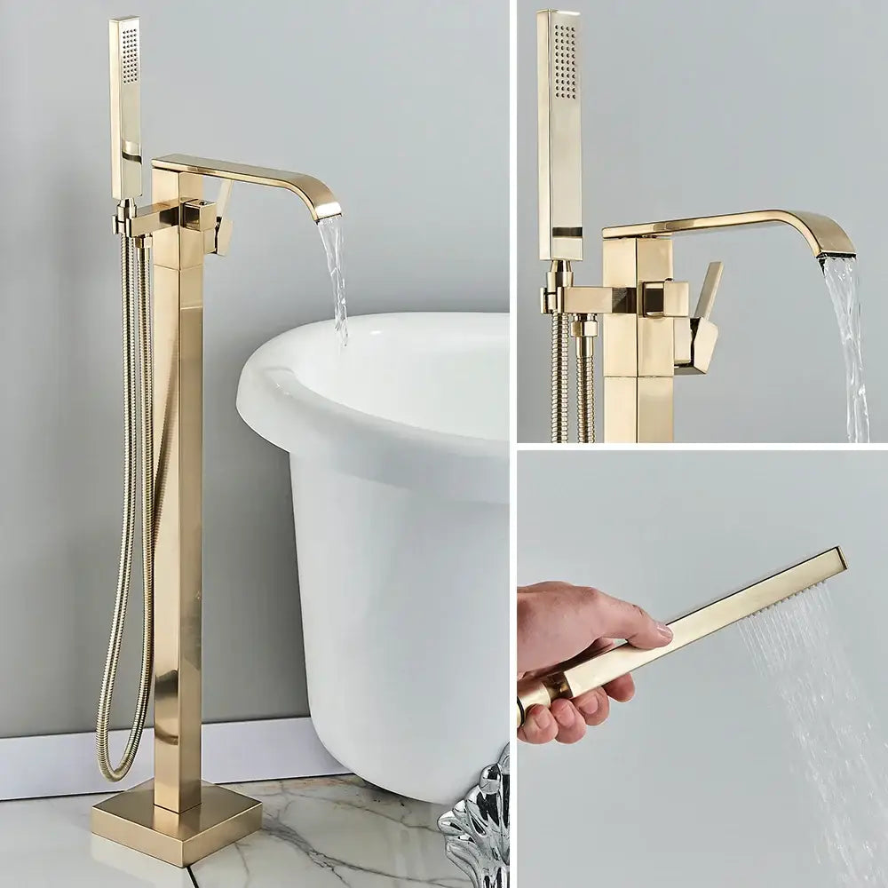 Modern brushed gold tub faucet with tall rectangular design and attached handheld shower from decorbites brushed gold collection