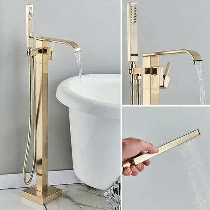 Modern brushed gold tub faucet with tall rectangular design and attached handheld shower from decorbites brushed gold collection
