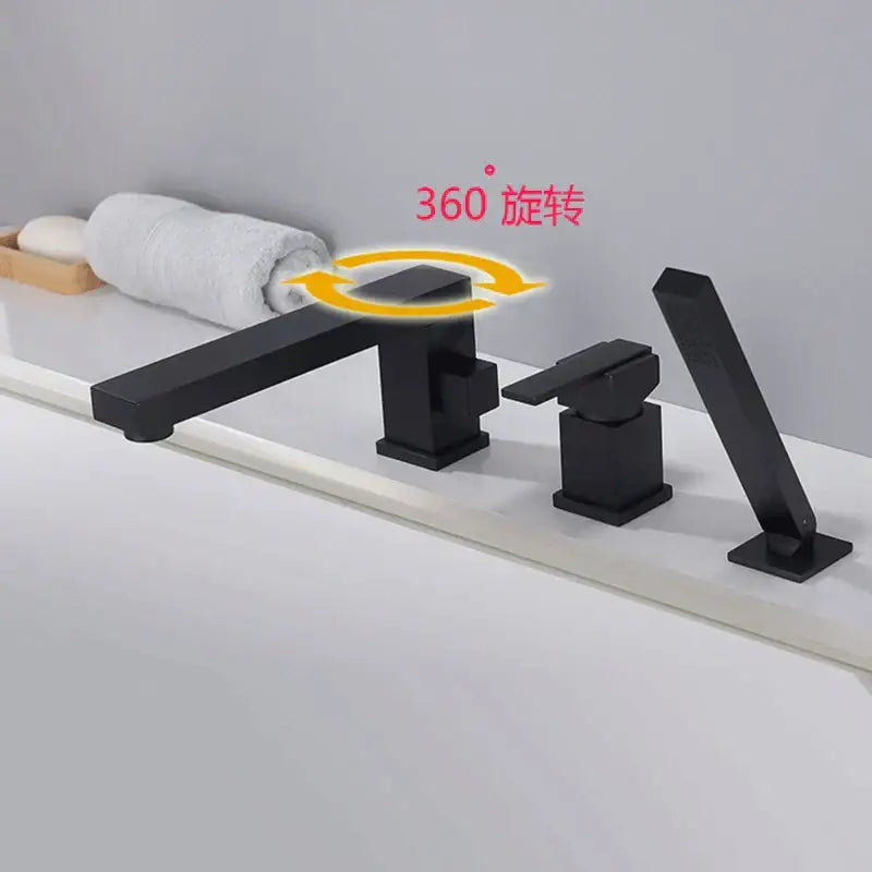 Modern brushed gold shower faucet set with black matte angular faucet and 360-degree rotating spout decorbites brushed gold