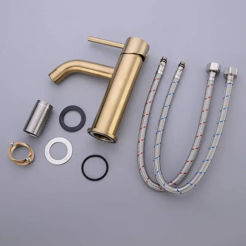 Modern brushed golden brass basin faucet with sleek single-handle design and integrated spout for bathroom use decorbites golden brass basin