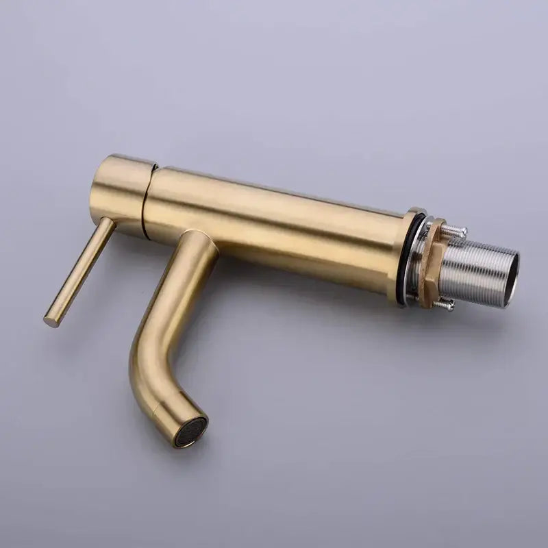 Modern brushed golden brass basin faucet with single handle sleek design and exposed threaded connection by decorbites golden brass