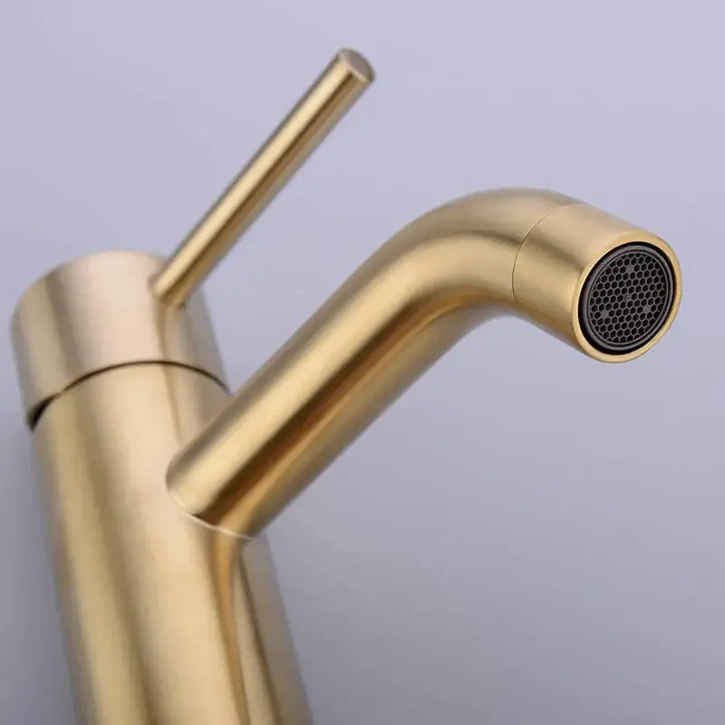 Modern brushed golden brass basin faucet with sleek single lever handle by decorbites for bathroom use