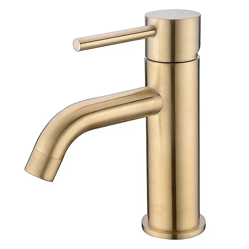 Modern brushed golden brass basin faucet with a sleek single-handle design and decorbites golden brass finish for bathroom use