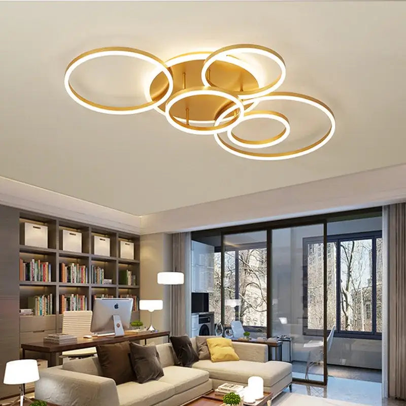 Modern brushed golden led ceiling chandelier with overlapping rings in gold tone for living room decorbites brushed golden