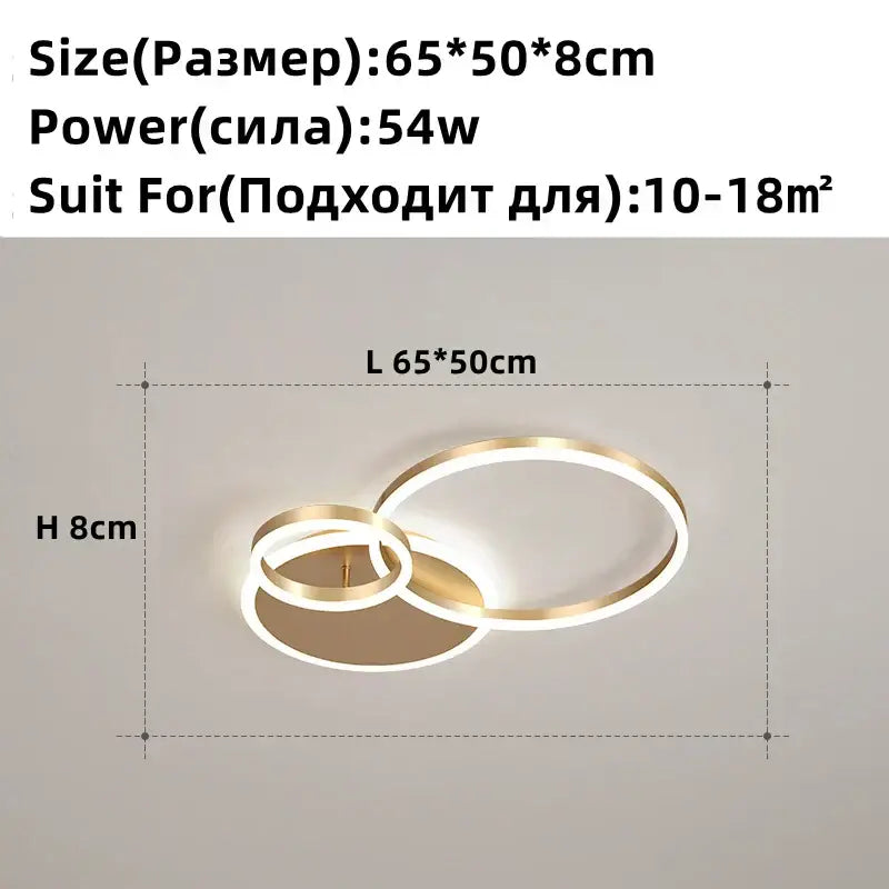 Modern brushed golden led ceiling chandelier featuring two interlocking circular rings in decorbites brushed golden finish