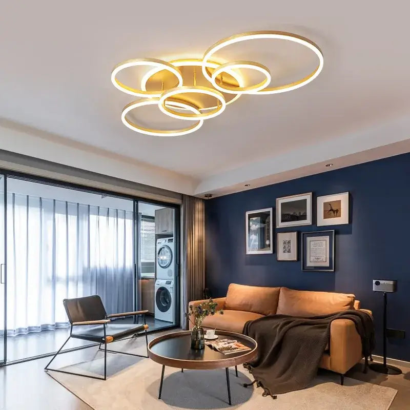 Modern brushed golden led ceiling chandelier with interconnected rings in brushed golden led for living room decorbites golden led ceiling