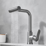 Modern brushed gray waterfall kitchen faucet with pull out spray head and sleek curved stainless steel spout