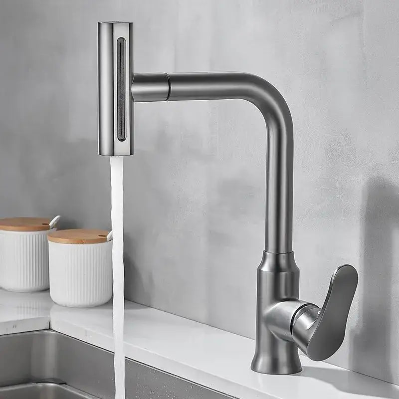 Modern brushed gray waterfall kitchen faucet with pull out spray and sleek matte black stainless steel curved spout