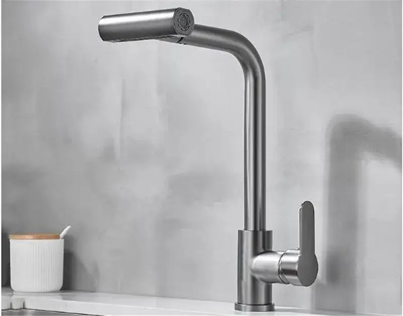 Modern brushed gray waterfall kitchen faucet with sleek curved spout and pull out spray in stainless steel design