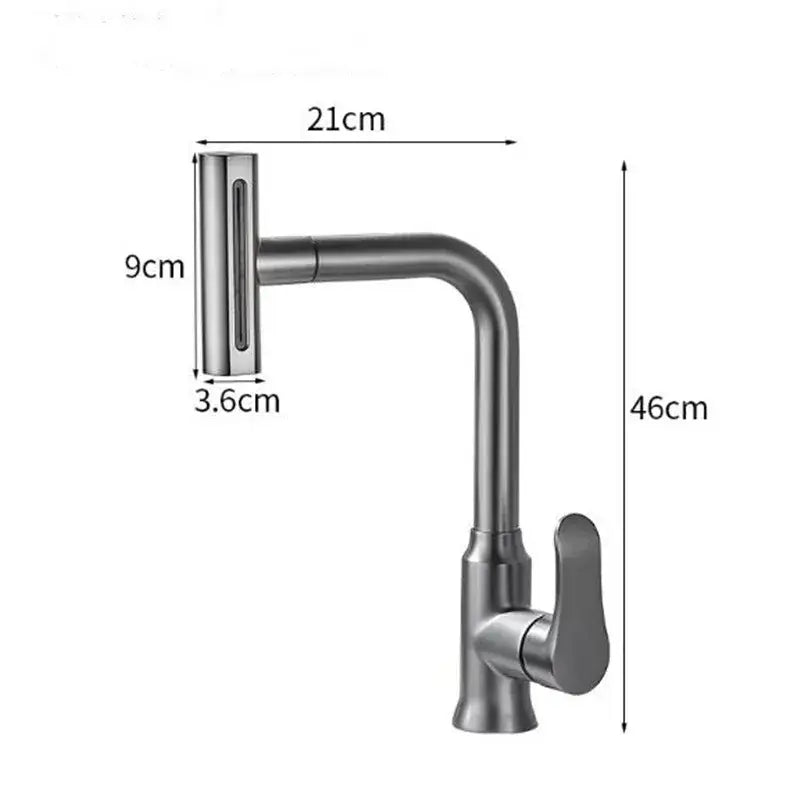 Modern brushed gray waterfall kitchen faucet with matte stainless steel finish and integrated pull down spray head