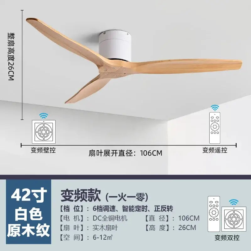 Modern brushed luxury ceiling fan with 42-inch white body, natural wood-grain blades, and dc motor for living room