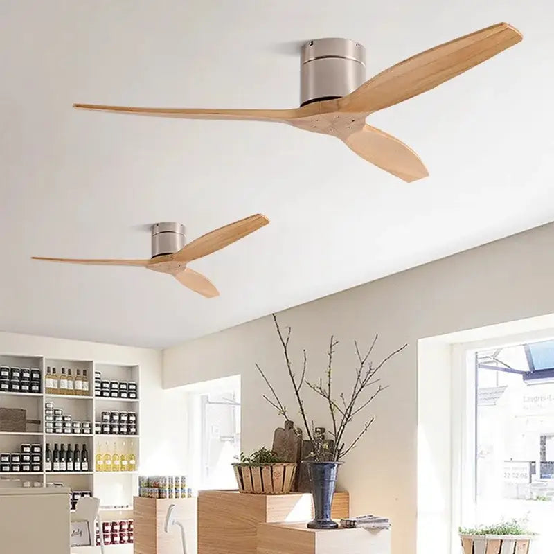 Modern brushed luxury ceiling fan with three slender wooden blades and silver metallic motor housing for living room