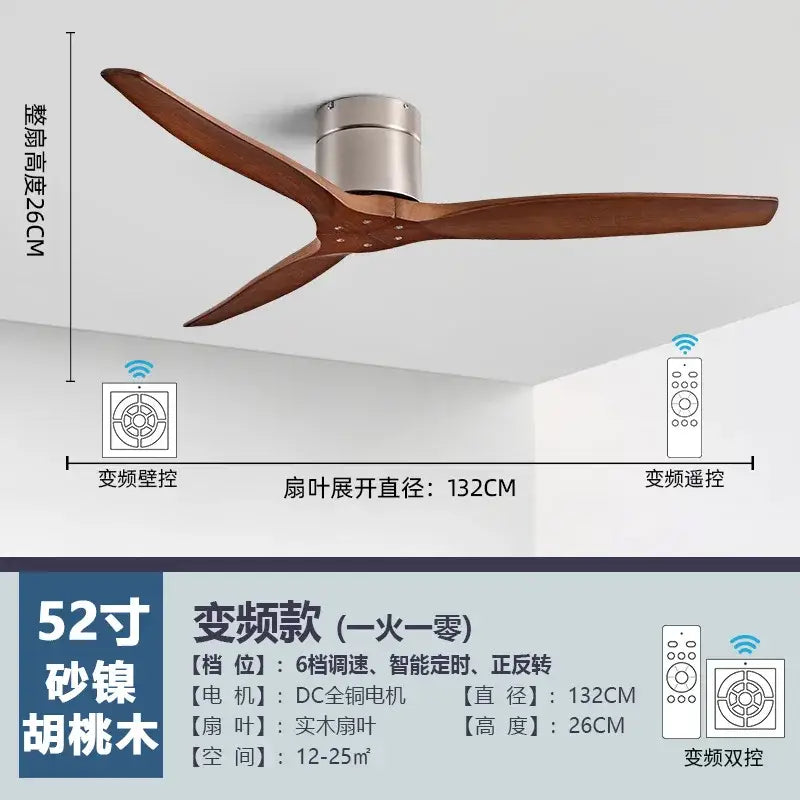 Modern brushed luxury ceiling fan with 52 inch stainless steel and walnut wood blades for living room ceiling fan