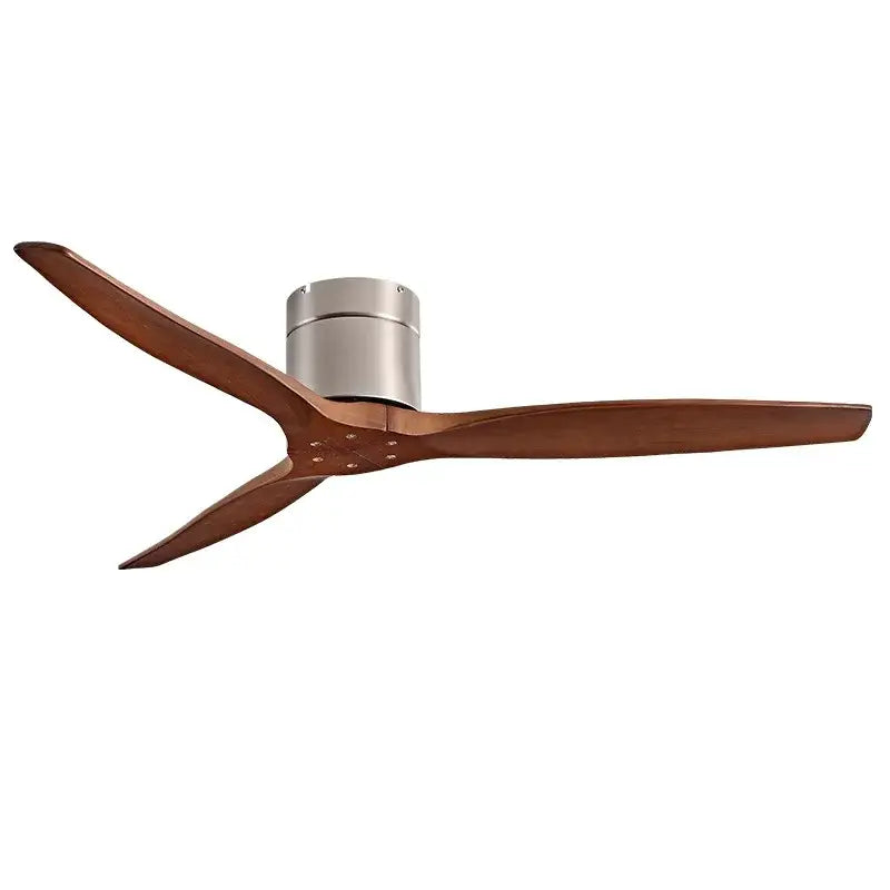 Modern brushed luxury ceiling fan with three dark brown wooden blades and metallic housing for living room use
