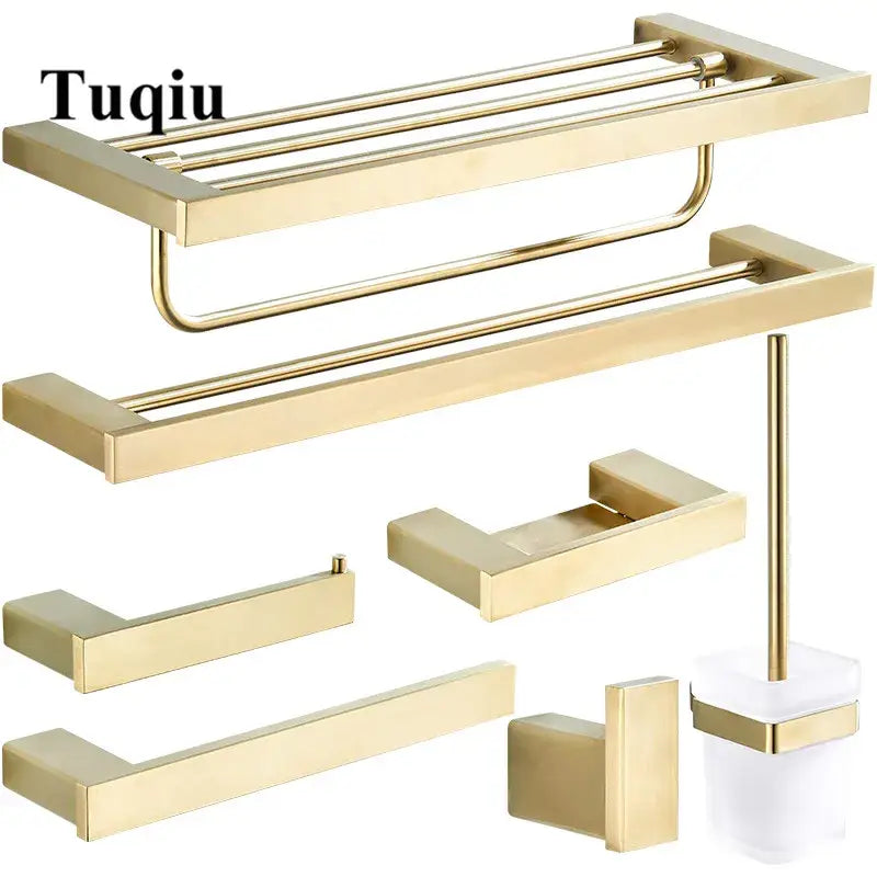 Modern brushed matt gold decorbites bath set by Tuqiu features sleek rectangular bathroom accessories in brushed metal