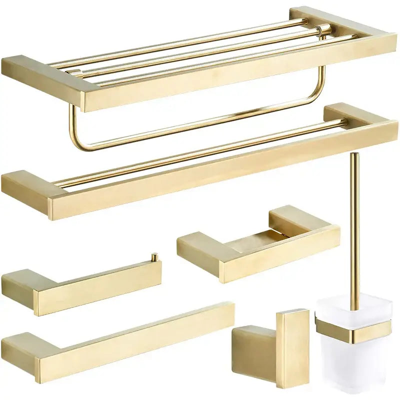 Modern brushed matt gold decorbites bath set with sleek gold-toned brushed metal bathroom accessories in minimalist design